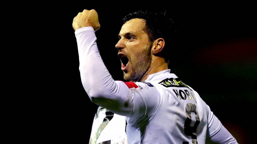Dundalk’s Patrick Hoban celebrates scoring the second goal of the game. Photograph: Ryan Byrne/Inpho
