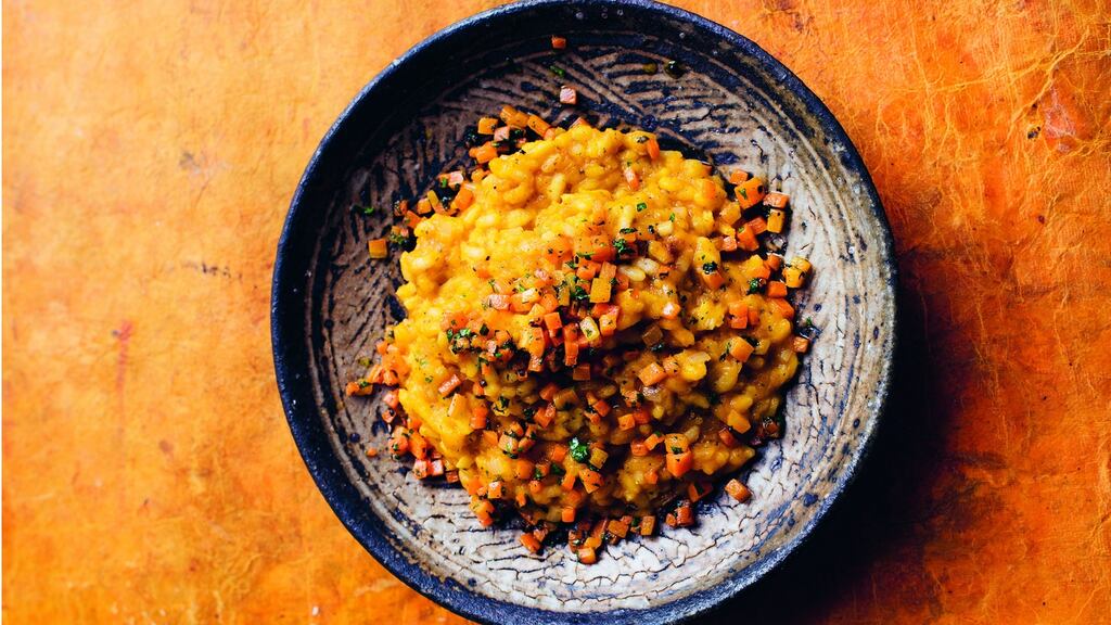 Nigel Slater’s carrots, rice, coriander. Photograph: Jonathan Lovekin