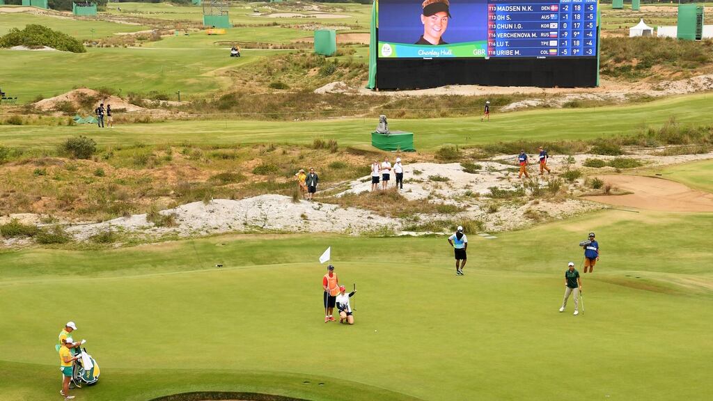The 18th green during the women’s golf final at the Rio Olympics in August. Photograph: Ross Kinnaird/Getty