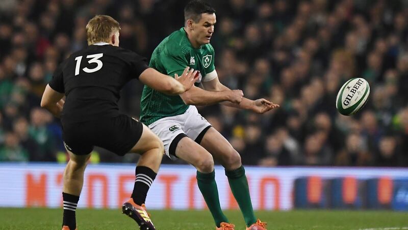 Ireland’s Johnny Sexton in action with New Zealand’s Jack Goodhue last week. Photograph: Reuters/Clodagh Kilcoyne
