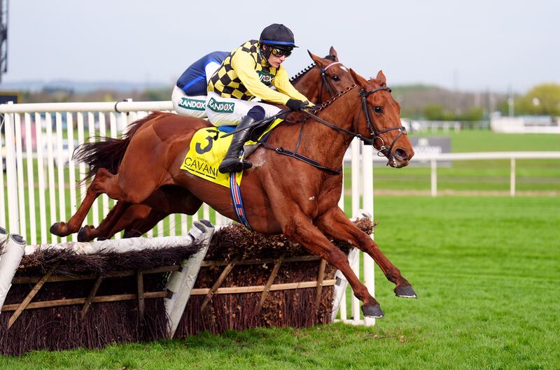 Dancing City ridden by jockey Paul Townend on their way to winning the Sefton Novices' Hurdle at Aintree on Friday. Photograph: Mike Egerton/PA