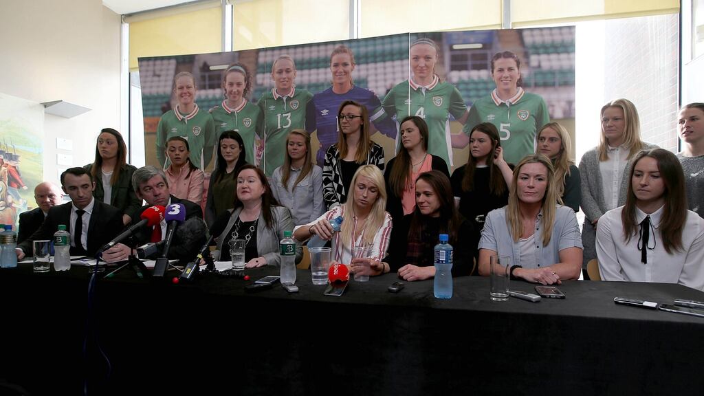 Republic of Ireland players with PFAI officials at the press conference in Liberty Hall, Dublin. Photograph: Donall Farmer/Inpho