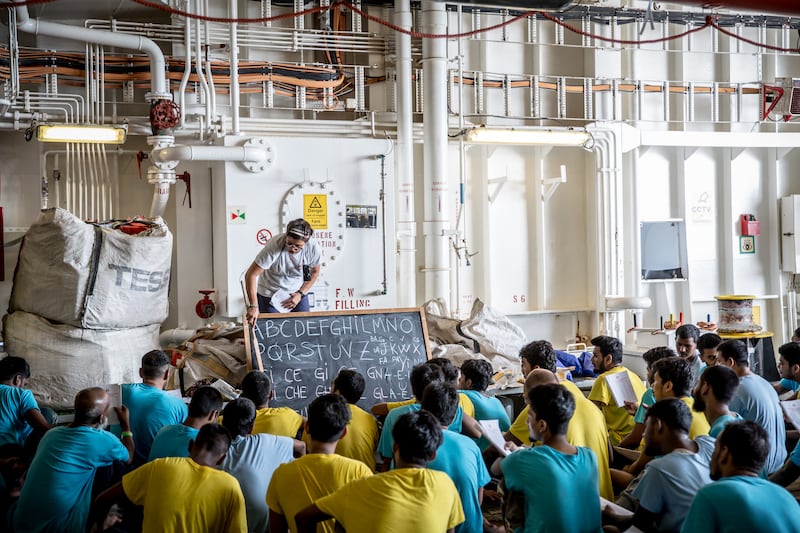 Migrants on board the rescue vessel. Photograph: Sally Hayden