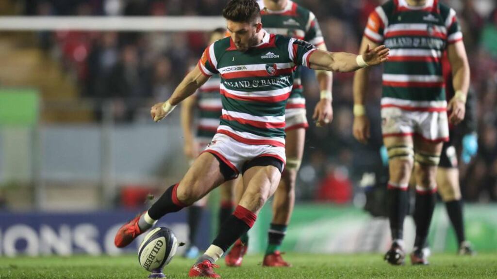 Owen Williams of Leicester kicks a long range, last minute, match winning penalty at Welford Road. Photograph: Inpho