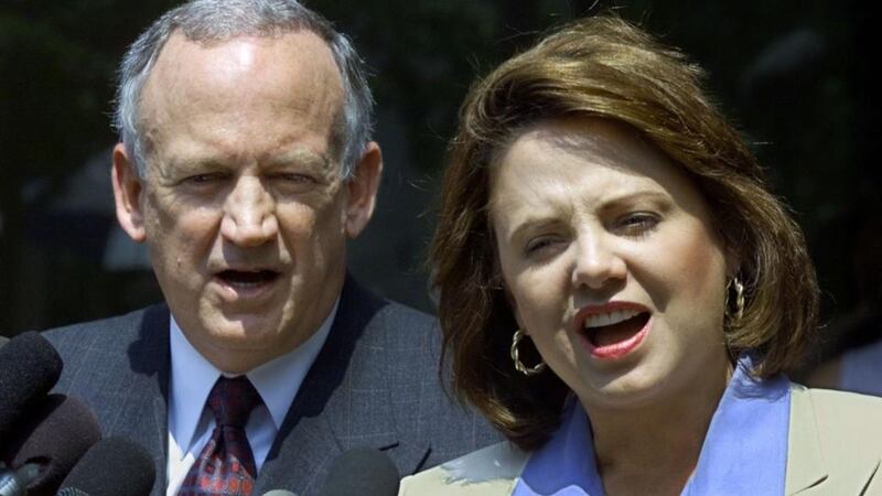 John and Patsy Ramsey address the media after completing two days of police interviews regarding the death of their daughter JonBenet Ramsey at their lawyer’s office in Atlanta, Georgia, in 2000. Photograph: Tami Chappell/Files/Reuters