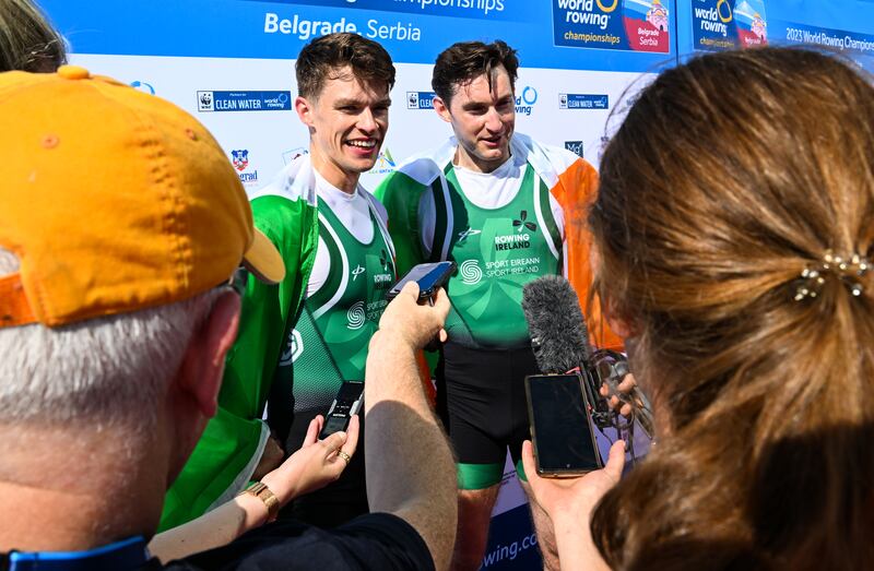 Fintan McCarthy and Paul O’Donovan after winning gold at the 2023 World Championships in Belgrade. Photograph: Detlev Seyb/Inpho