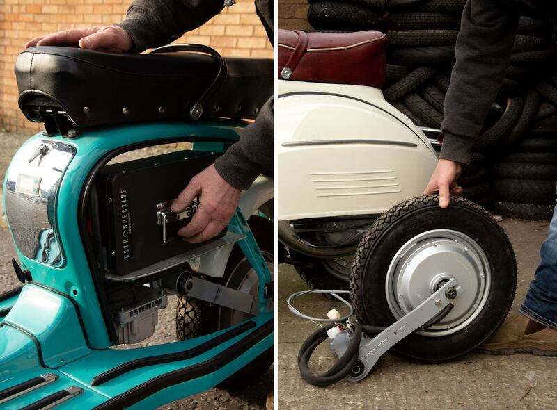 The battery conversion on a classic scooter, and (right) an electric motor and a swing arm. Photograph: Sophie Stafford/New York Times