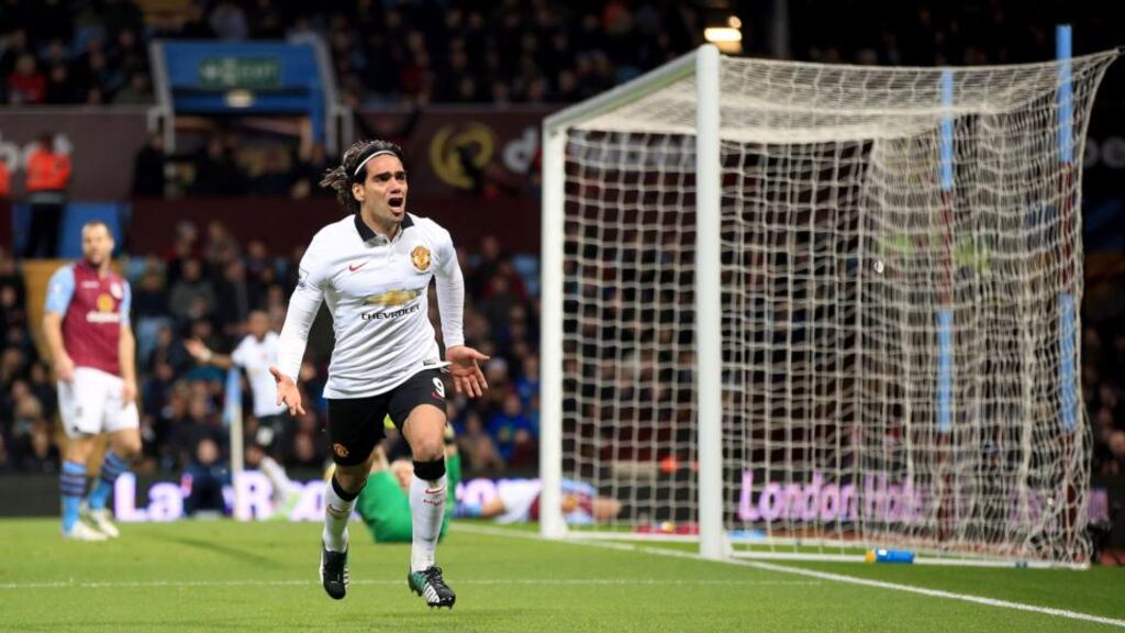 Manchester United’s Radamel Falcao celebrates scoring his side’s equalising goal in the Premier League match against Aston Villa at Villa Park. Photograph: Nick Potts/PA