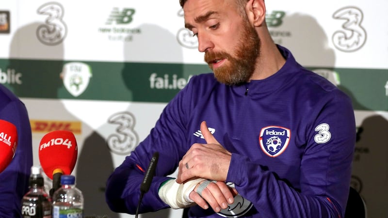 Ireland Richard Keogh discussing his broken hand ahead of the Euro 2020 qualifiers with Gibraltar and Georgia. Photo: Bryan Keane/Inpho