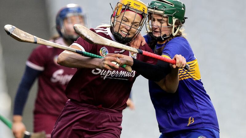 Sarah Dervan is challenged by Miriam Campion during Galway’s semi-final win over Tipp. Photograph: Laszlo Geczo/Inpho