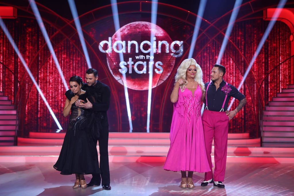 Pants Bliss and dance partner Denys Samson after they lost the dance off. Photograph: Kyran O’Brien/kobpix