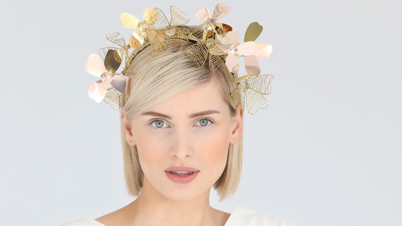 Twisted handwired metallic crown with rose gold vinyl petal and crystals €320 Ashleigh Myles. ashleighmylesmillinery.com Photograph: Sasko Lazarov