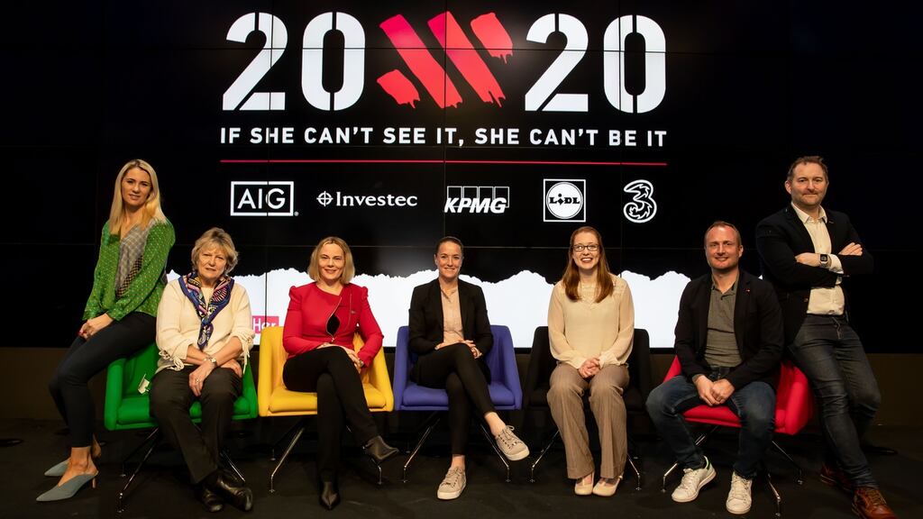 Evanne Ní Chuilinn (RTÉ), Jessica Harrington,  Sarah Keane (president Olympic Federation of Ireland), Casey Stoney (Manchester United Women’s coach), Rena Buckley,  Graham Shaw (Ireland women’s hockey coach) and Ger Gilroy  at the launch of the new 20x20 campaign. Photograph: Morgan Treacy/Inpho
