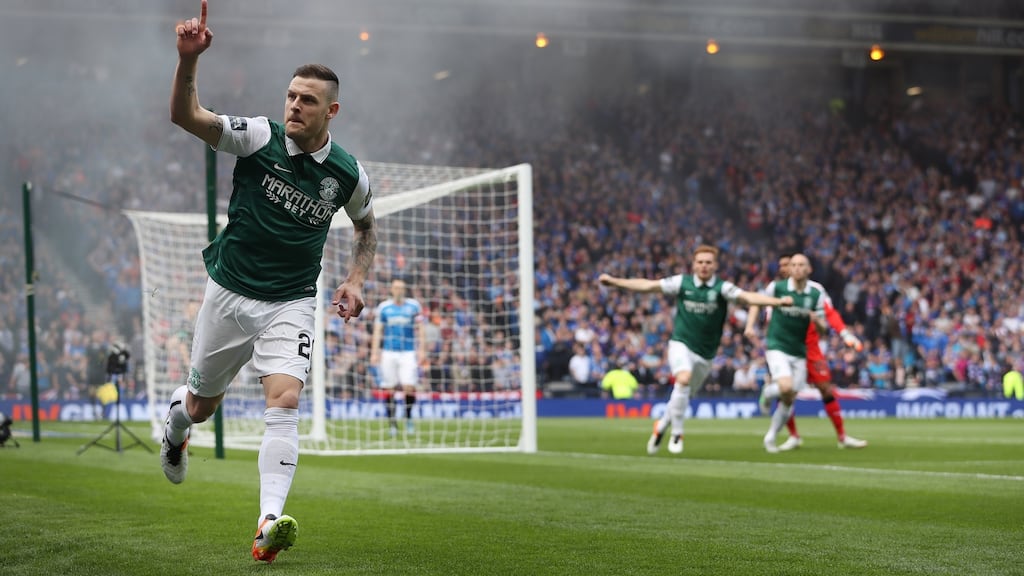 Anthony Stokes of Hibernian celebrates scoring during the Scottish Cup Final between Rangers and Hibernian at Hampden Park. Photo: Ian MacNicol/Getty