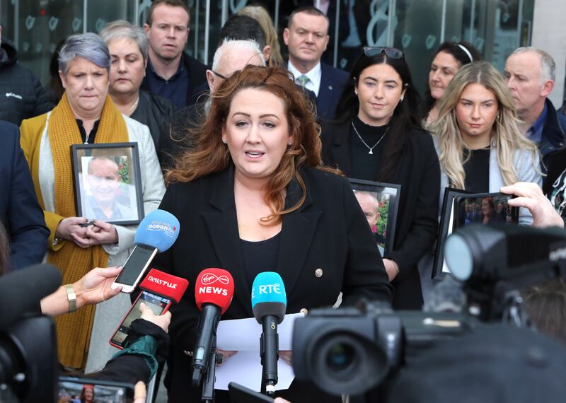 Emma Fitzpatrick, a relative of Michael Snee, speaking to the media outside the Central Criminal Court in Dublin on Monday. Photograph: Collins Courts