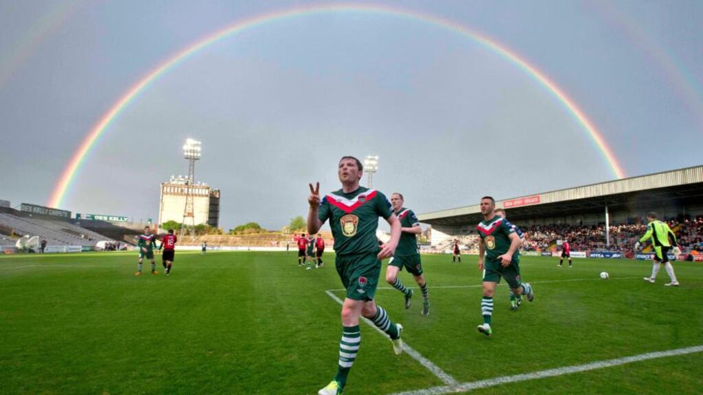Cork City’s Denis Behan celebrates his penalty at Dalymount. Photograph: Morgan Treacy/Inpho