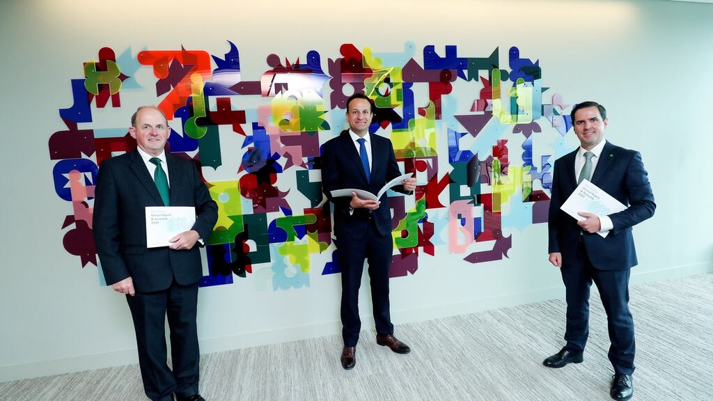 IDA Ireland chairman Frank Ryan, Tánaiste Leo Varadkar and IDA chief executive Martin Shanahan at the launch of the agency’s mid-year review and 2020 annual report