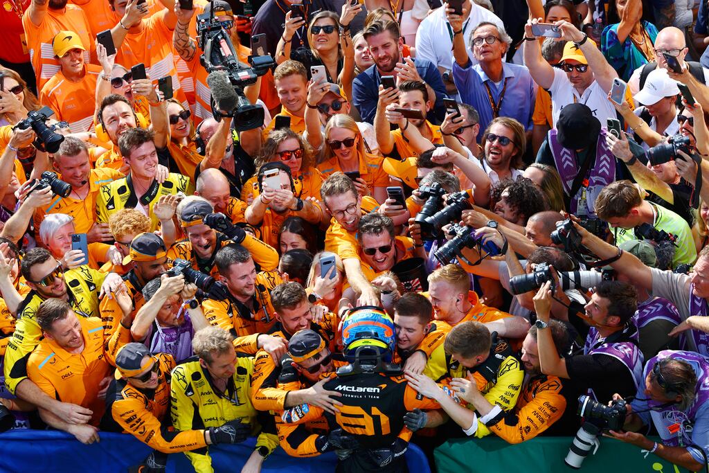 Oscar Piastri of McLaren celebrates in parc ferme after winning the Hungarian Grand Prix at Hungaroring. Photograph: Mark Thompson/Getty Images