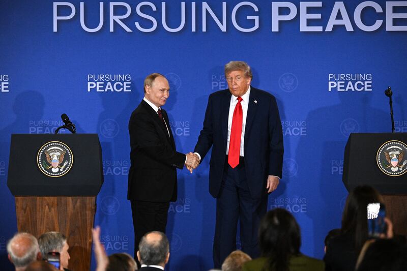 Russian president Vladimir Putin and US president Donald Trump at Joint Base Elmendorf-Richardson in Anchorage, Alaska. Photograph: Drew Angerer/Getty Images