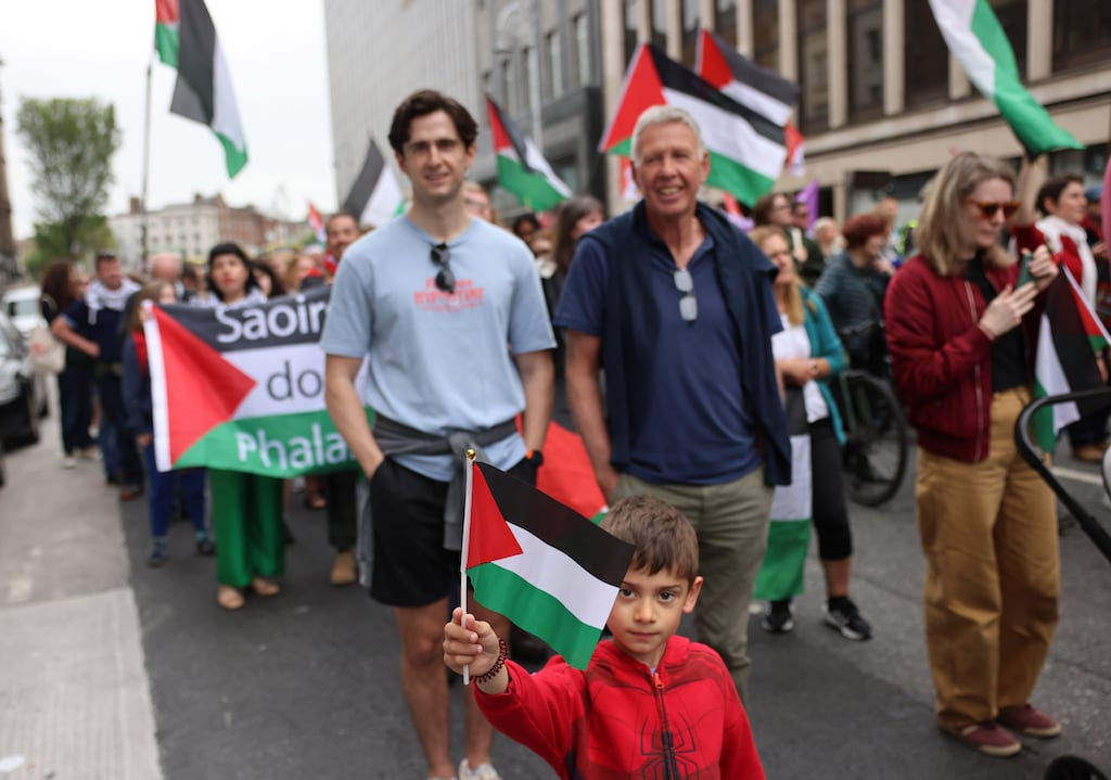 A demonstration organised by Ireland Palestine Solidarity Campaign makes its way over O’Connell Bridge in Dublin. Photograph: Dara Mac Dónaill