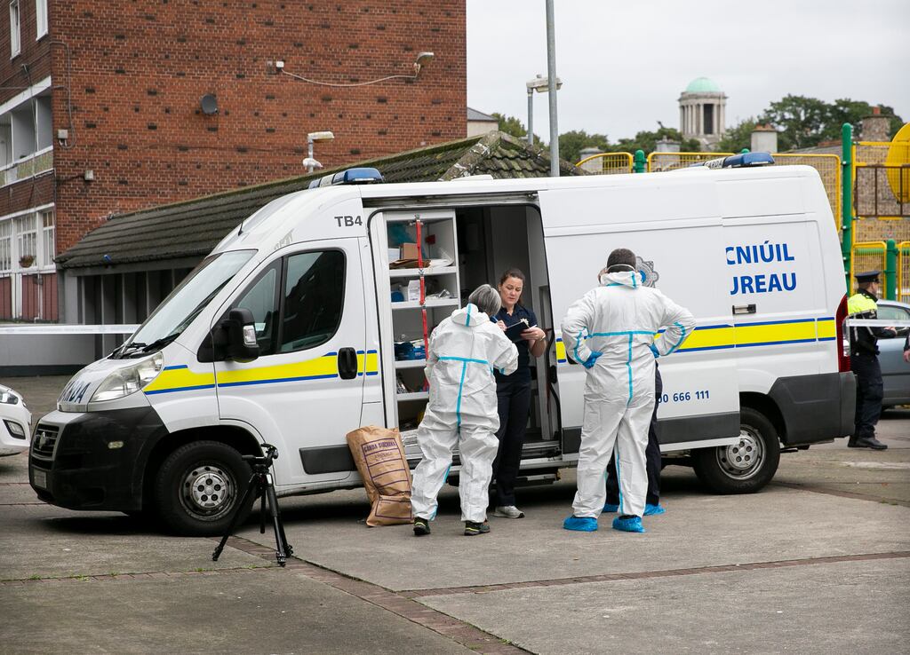 Gardaí at Kevin Barry House on Coleraine Street in Dublin’s north inner city, where the body of a man was discovered in a ground-floor flat. Photograph: Gareth Chaney/Collins