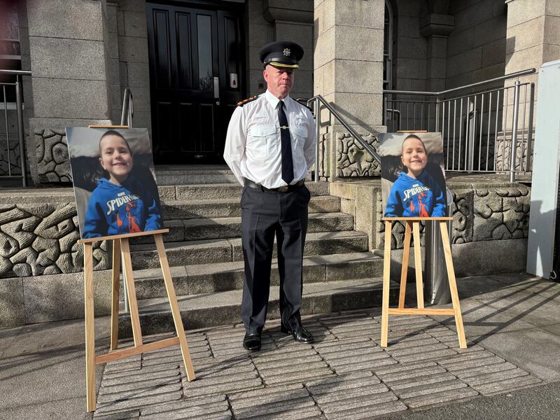 Chief Supt Alan McGovern outside Dundalk Garda station on Tuesday with photos of Kyran Durnin, who is missing presumed dead. Photograph: Cate McCurry/PA