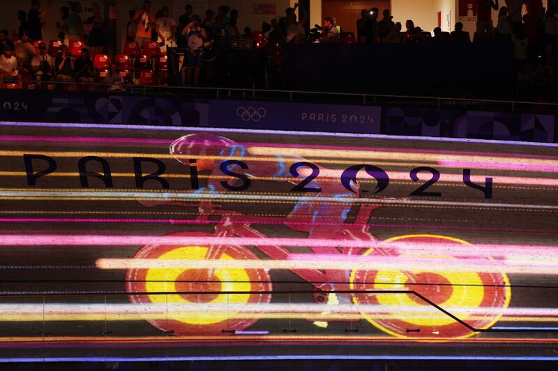 The spectacular women’s Keirin heats get under way in the Saint-Quentin-en-Yvelines Velodrome. Photograph: Jared C Tilton/Getty Images
