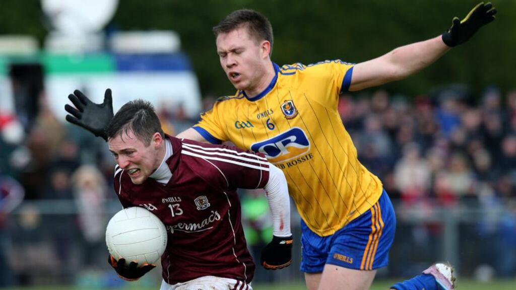 Roscommon’s Niall Daly in action against Galway’s Danny Cummins during the FBD final at Kiltoom, Co Roscommon. Photo: Lorraine O’Sullivan/Inpho