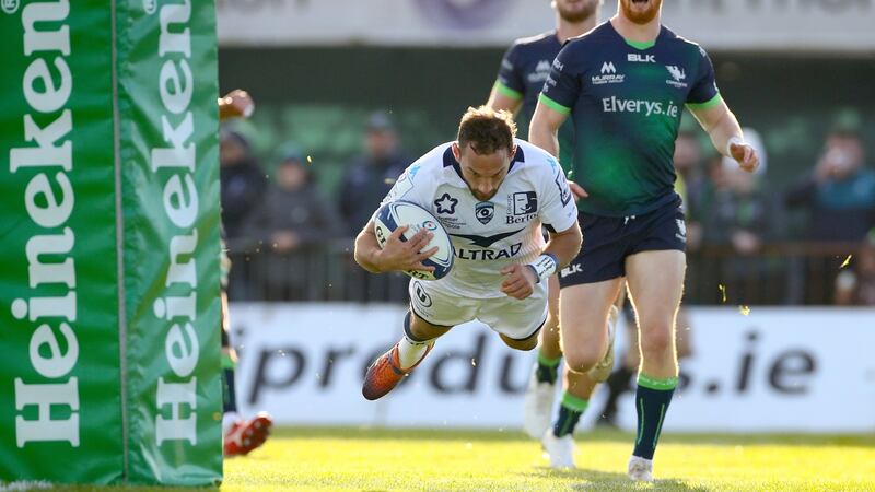 Aaron Cruden dives to open the scoring for Montpellier at The Sportsground. Photograph: James Crombie/Inpho