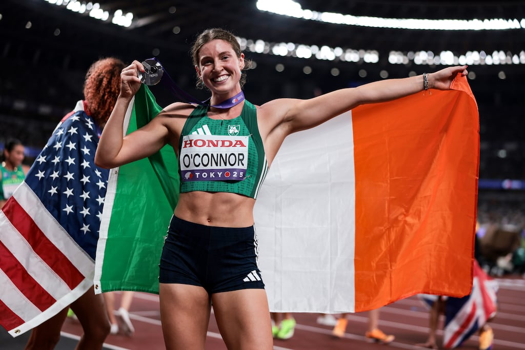 Ireland’s Kate O’Connor celebrates with her heptathlon silver medal after the final 800m race at the World Championships in Tokyo. Photograph: Morgan Treacy/Inpho