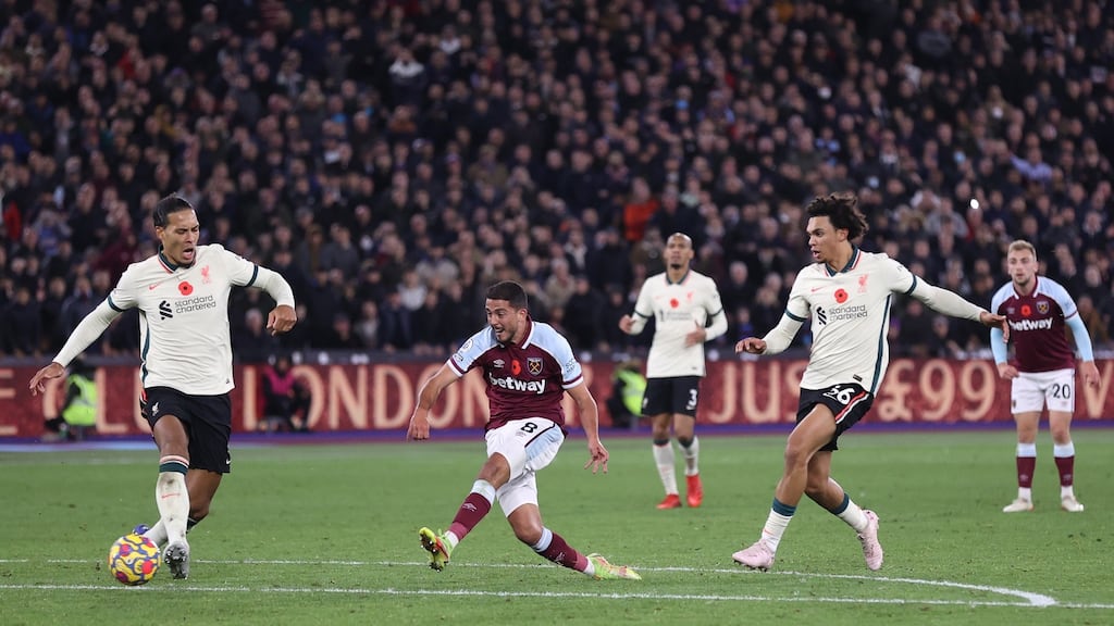 Pablo Fornals of West Ham United scores his side’s second goal. Photograph: Alex Pantling/Getty Images