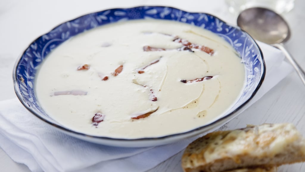 While the soup is simmering add the pancetta to a cold, heavy-based, non-stick pan. Sauté on a low heat until all the fat has rendered and the pancetta becomes crispy. Photograph: Harry Weir