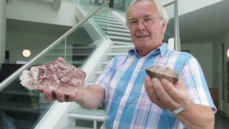 Prof Martin Feely with a modern halite from Death Valley (the big one) and an ancient piece of Earth’s crust