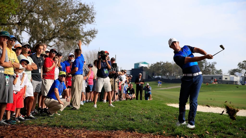 Rory McIlroy  hits his second shot on the 16th hole during the second round of the Arnold Palmer Invitational  at Bay Hill   in Orlando, Florida. Photograph: Chris Trotman/Getty Images