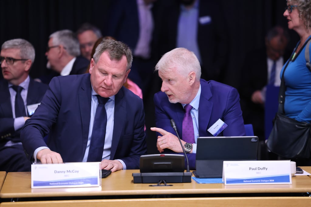 Danny McCoy and Paul Duffy of Ibec at the opening of the National Economic Dialogue earlier this year. Ibec said construction of between 50,000 and 60,000 homes per year was needed to break the logjam. Photograph: Dara Mac Dónaill