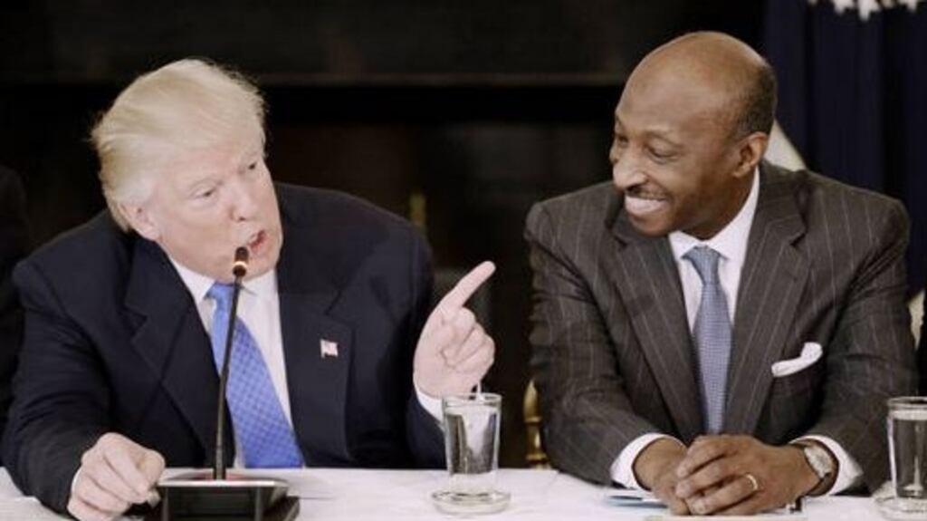 A photograph taken on February 23rd, 2017, showing President Trump and Merck CEO Kenneth Frazier during a meeting with manufacturing CEOs in the White House. Photograph: Getty Imagescc
