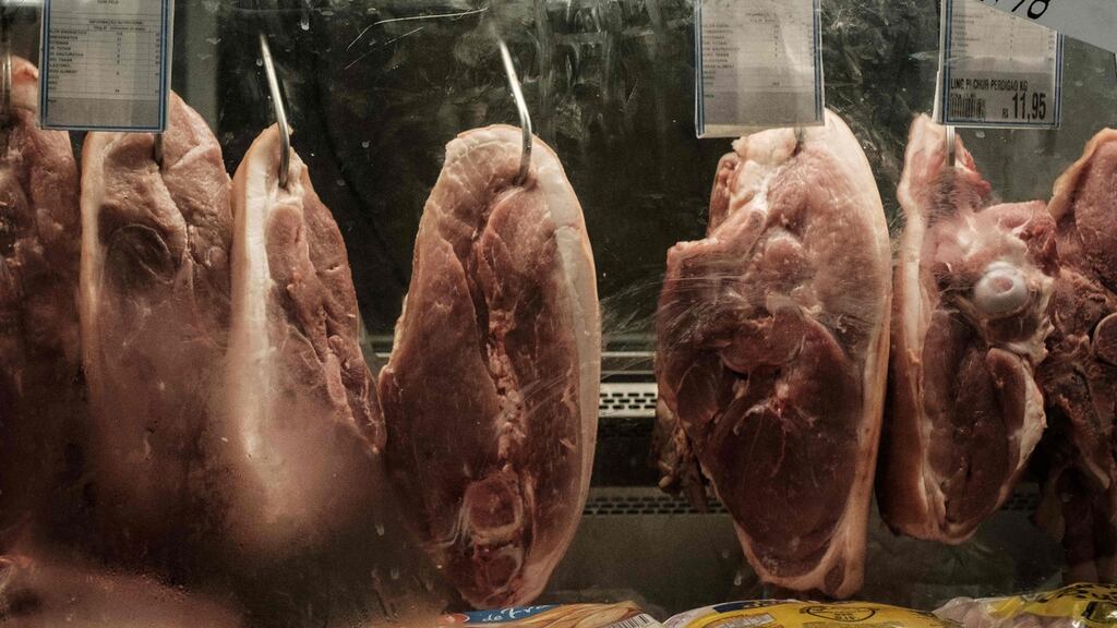 Beef displayed at a supermarket in Rio de Janeiro, Brazil, on Friday. Brazilian police raided the premises of global meatpacking companies JBS SA and BRF SA on Friday, as well as dozens of smaller rivals, in a crackdown on alleged bribery of health officials that could threaten $12 billion in annual exports. Photograph: AFP/Getty Images
