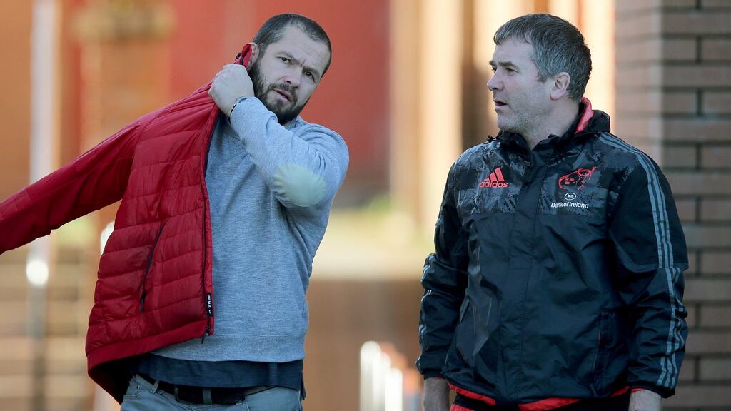 Andy Farrell pictured with Munster head coach Anthony Foley during squad training at UL. Photograph: Donall Farmer/Inpho