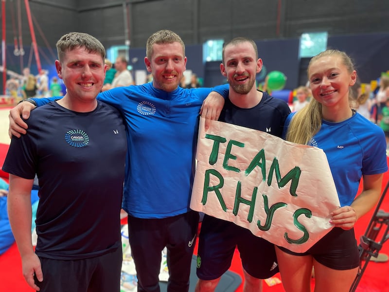 Supporters of Rhys McClenaghan, staff at Origin Gymnastics, from left, Scott Warnock, Matthew O'Connor, Conor McGovern and Sarah McKeegan. Photograph: Rebecca Black/PA Wire