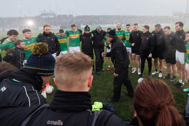 Glen manager Malachy O'Rourke speaking to his team before the Sunday's semi-final. Photograph: James Crombie/Inpho