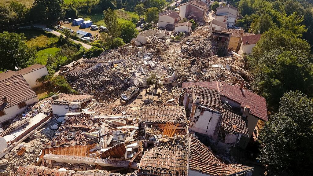 Aerial view of the damage in the village of Saletta in central Italy, where 22 of the 45 inhabitants died in Wednesday’s earthquake. Photograph: AP Photo/Localteam