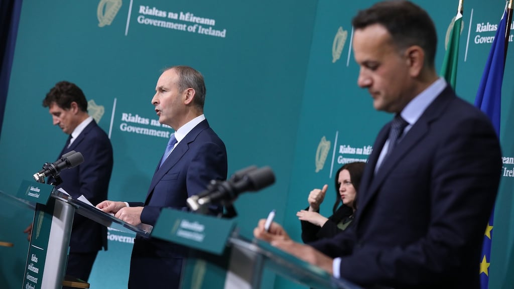 Eamon Ryan, Taoiseach Micheál Martin, Tánaiste Leo Varadkar and Green Party leader Éamon Ryan. They and other senior Ministers met members of Nphet for hours of discussions on Saturday. Photograph: Julien Behal Photography/PA Wire