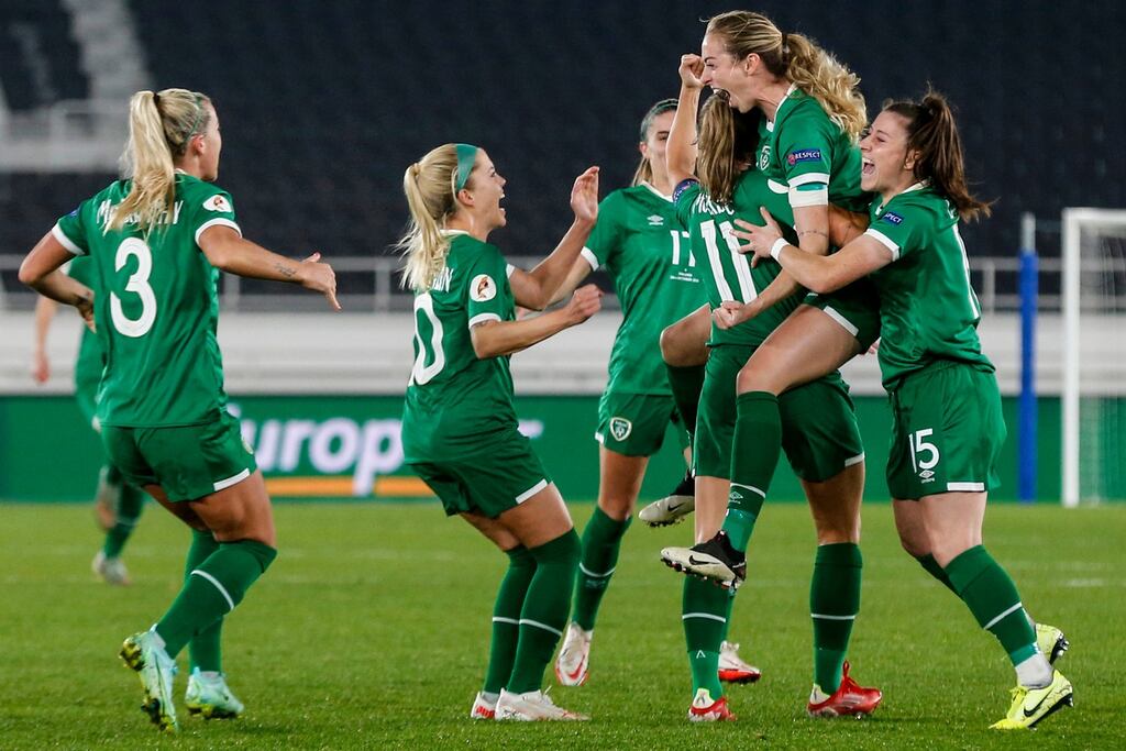 Ireland's Megan Connolly celebrates after scoring a goal during her team's Women's World Cup qualifier against Finland in Helsinki. Photograph: Kalle Parkkinen/Inpho