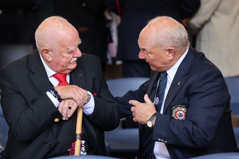 Retired Firefighters Ray Hurley, Tallaght and Aidan Carrtoll, Clonshaugh, attend the unveiling of the plaque for John ‘Jack’ Darmon at Tara Street fire station. Photograph: Dara Mac Dónaill