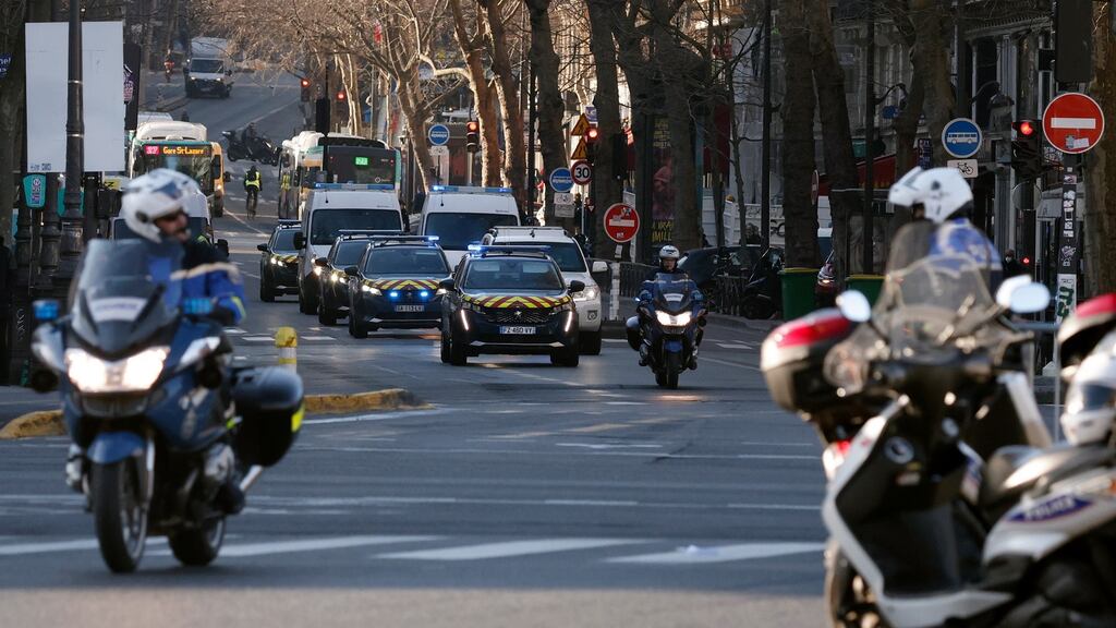 A police convoy believed to be transporting Salah Abdeslam, accused of being involved in the 2015 Paris attacks, heads towards the courthouse in Paris. Photograph: Yoan Valat/EPA