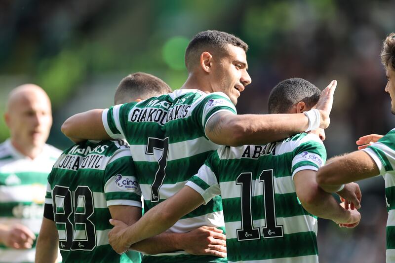 Celtic's Giorgos Giakoumakis celebrates scoring his side's second goal. Photograph: Steve Welsh/PA