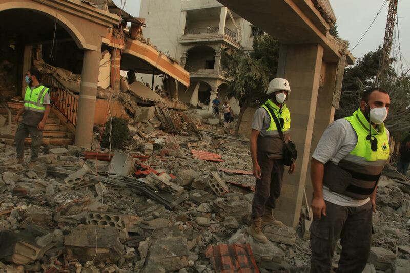 Rescuers inspect the site of an Israeli airstrike that targeted the southern Lebanese village of Tayr Debba on Thursday. Photograph: Mahmoud Zayyat/AFP/Getty Images