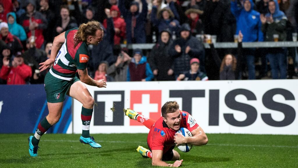 Ulster’s Jacob Stockale scores a try during the Heineken Champions Cup match against Leicester at  Kingspan stadium. Photograph: Morgan Treacy/Inpho