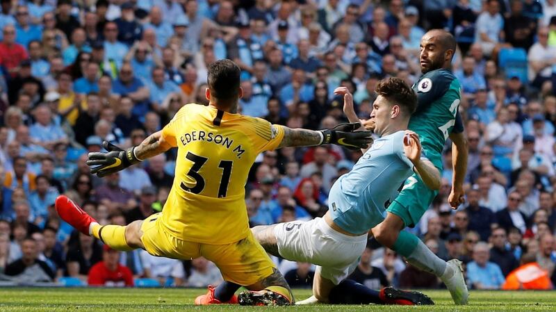Tottenham’s Lucas Moura in action with Manchester City’s Ederson and John Stones. Photograph: Phil Noble/Reuters