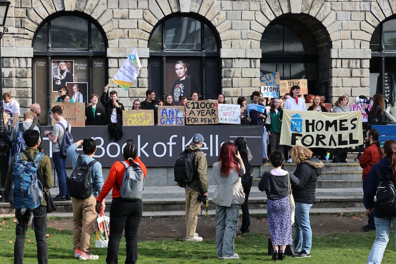 Trinity College Dublin Student Union blockaded the entrance to the Book of Kells exhibition on campus on Wednesday over a rise in student accommodation prices. Photograph: Dara Mac Dónaill